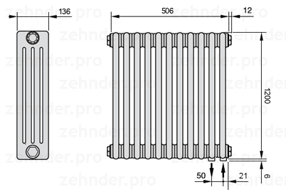 Схема (чертеж) Радиатор Zehnder Charleston 4120/11 №5510 Белый глянцевый RAL 9016
